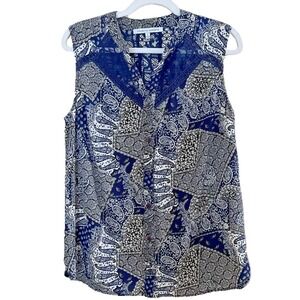 Collective Concepts Blouse Sleeveless Paisley Navy‎ Blue Lace Trim Top